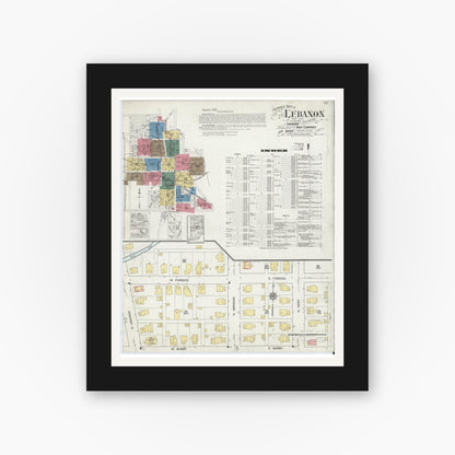 Old map wall art mockup — black gallery frame with white mat — Sanborn Fire Insurance Map from Lebanon, Boone County, Indiana (1919) - Complete Map Set