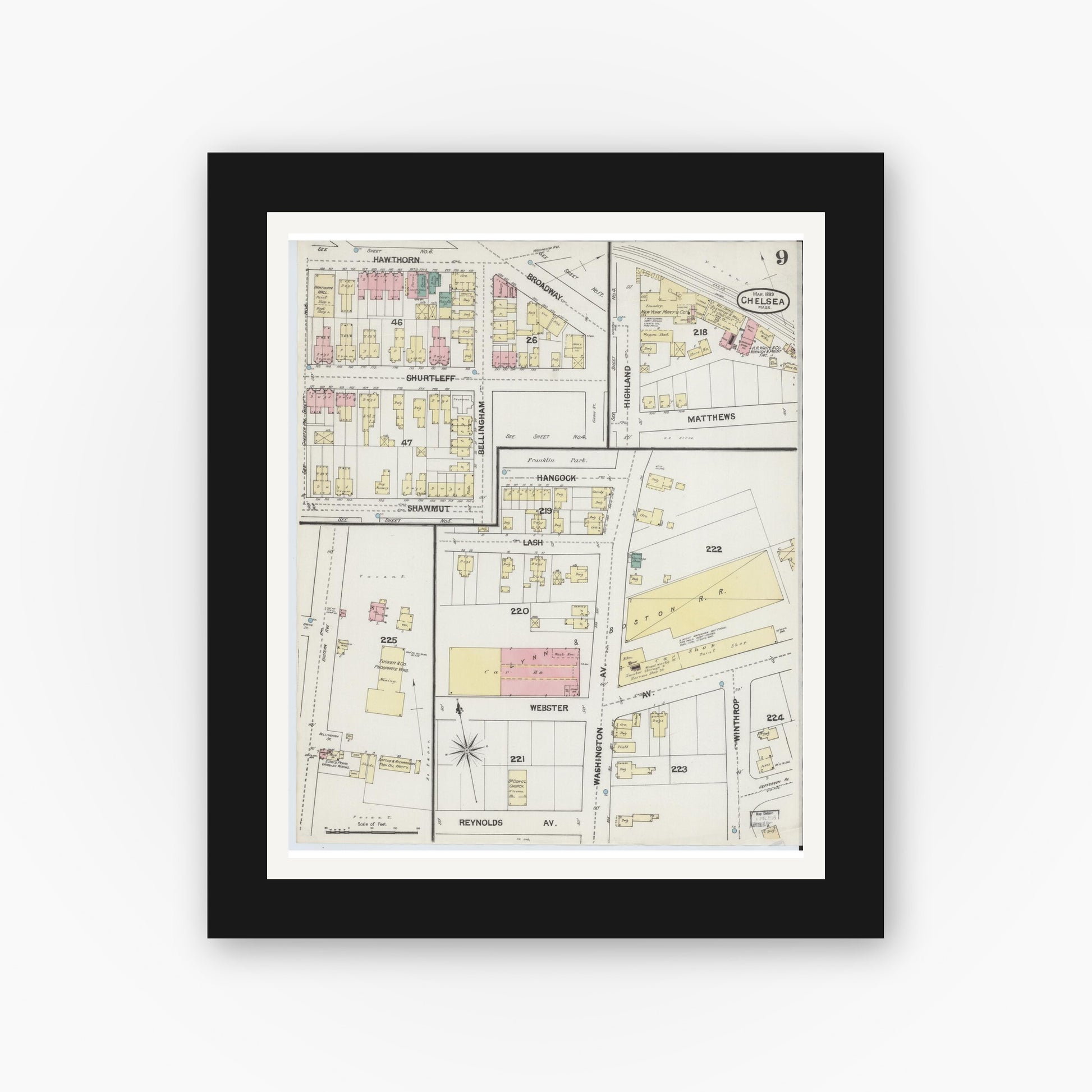 Old map wall art mockup — black gallery frame with white mat — Sanborn Fire Insurance Map from Chelsea, Suffolk County, Massachusetts (1889), Sheet #0009