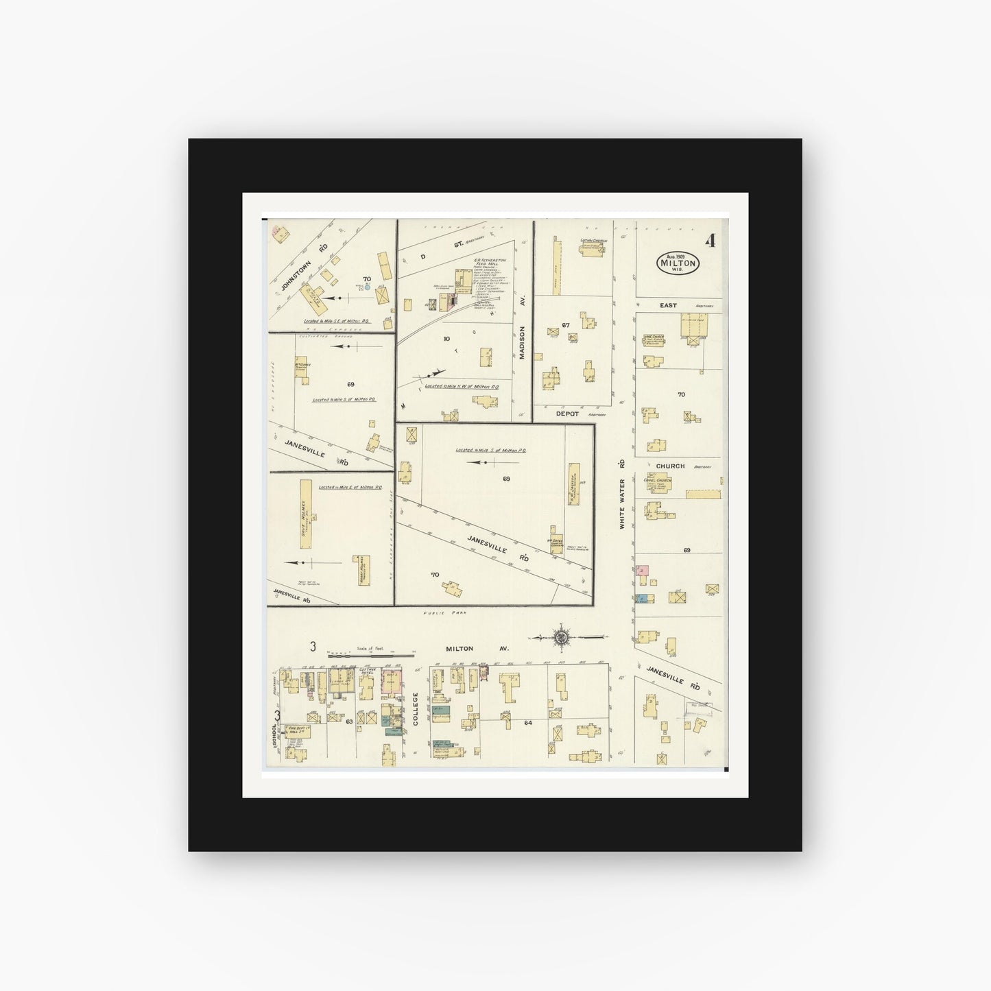 Old map wall art mockup — black gallery frame with white mat — Sanborn Fire Insurance Map from Milton, Rock County, Wisconsin (1909), Sheet #0004