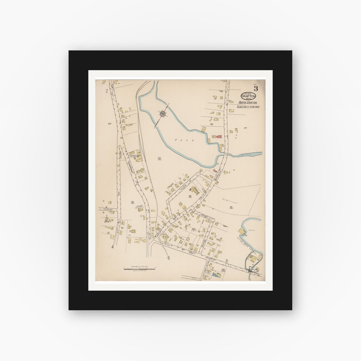 Old map wall art mockup — black gallery frame with white mat — Sanborn Fire Insurance Map from Grafton, Worcester County, Massachusetts (1922), Sheet #0003