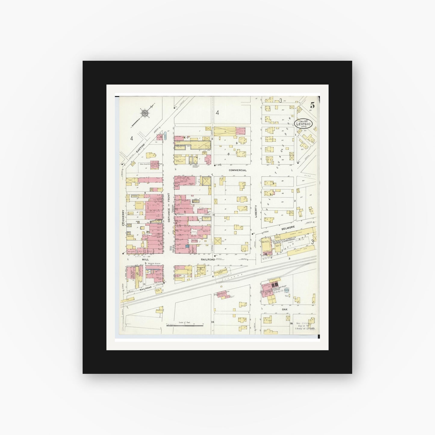 Old map wall art mockup — black gallery frame with white mat — Sanborn Fire Insurance Map from Leipsic, Putnam County, Ohio (1910), Sheet #0005