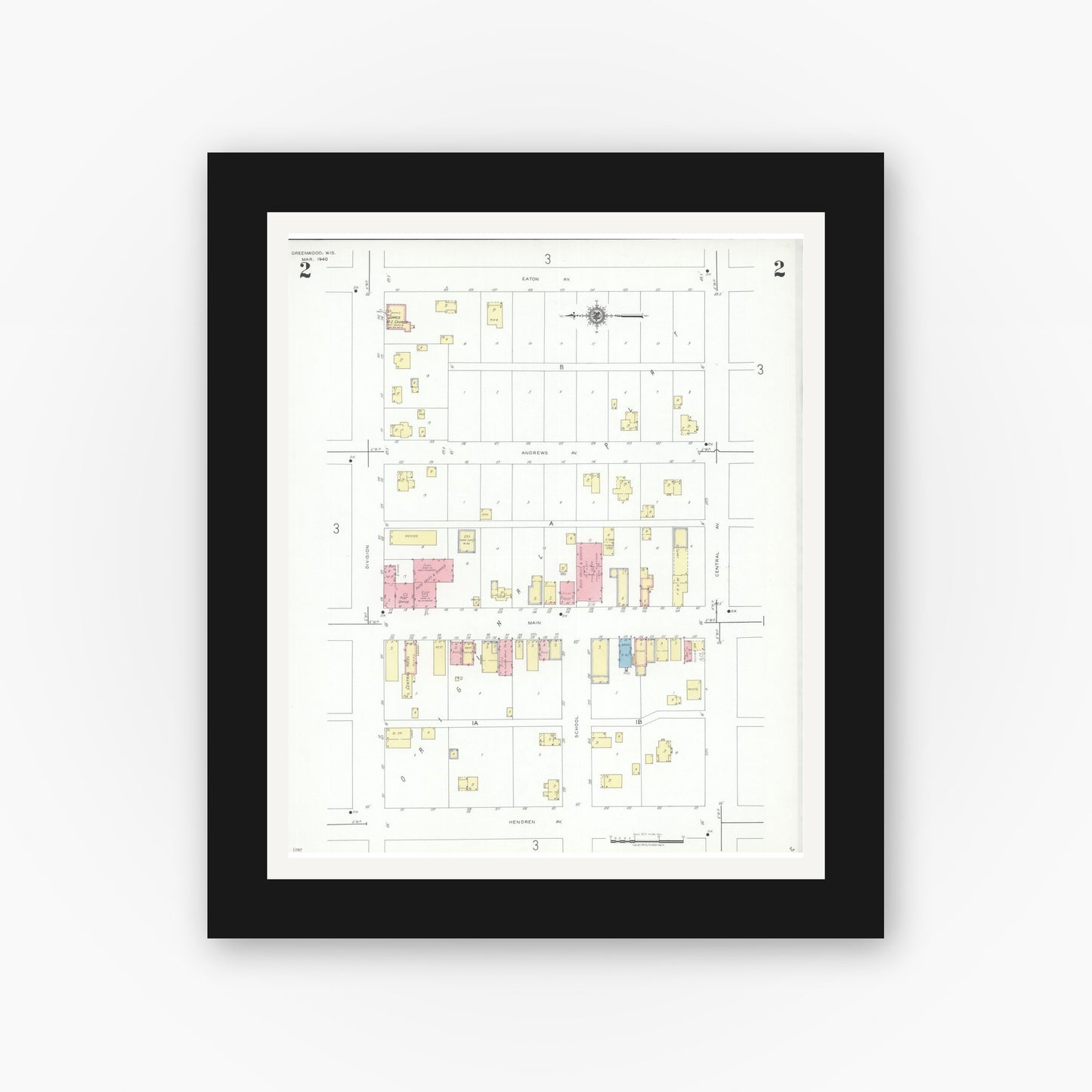 Old map wall art mockup — black gallery frame with white mat — Sanborn Fire Insurance Map from Greenwood, Clark County, Wisconsin (1940), Sheet #0002