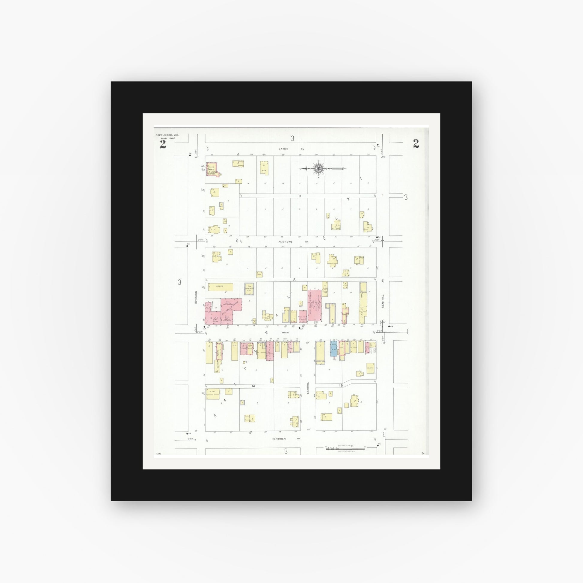 Old map wall art mockup — black gallery frame with white mat — Sanborn Fire Insurance Map from Greenwood, Clark County, Wisconsin (1940), Sheet #0002