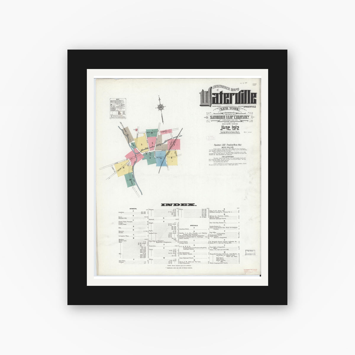 Old map wall art mockup — black gallery frame with white mat — Sanborn Fire Insurance Map from Waterville, Oneida County, New York (1912) - Complete Map Set