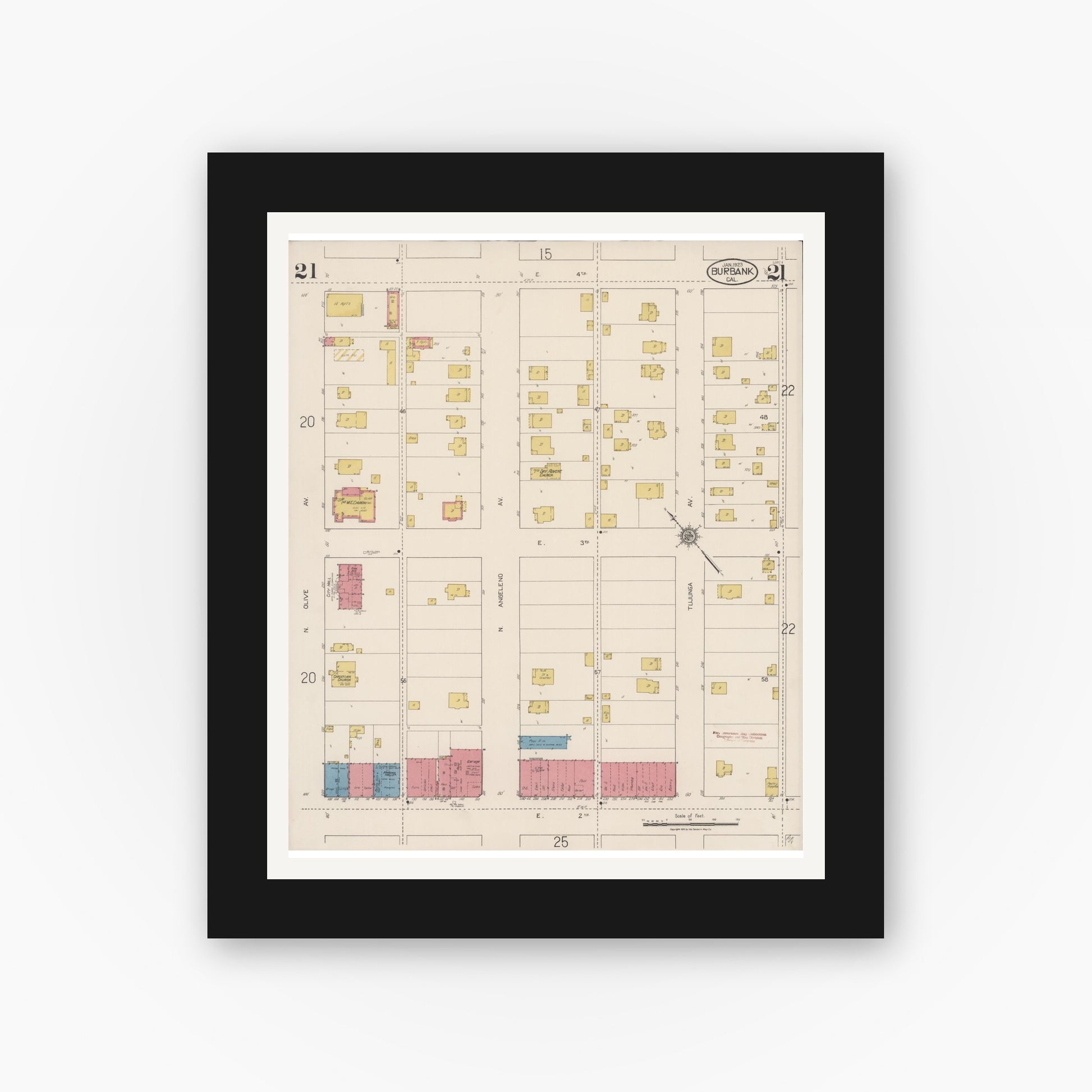 Old map wall art mockup — black gallery frame with white mat — Sanborn Fire Insurance Map from Burbank, Los Angeles County, California (1923), Sheet #0021