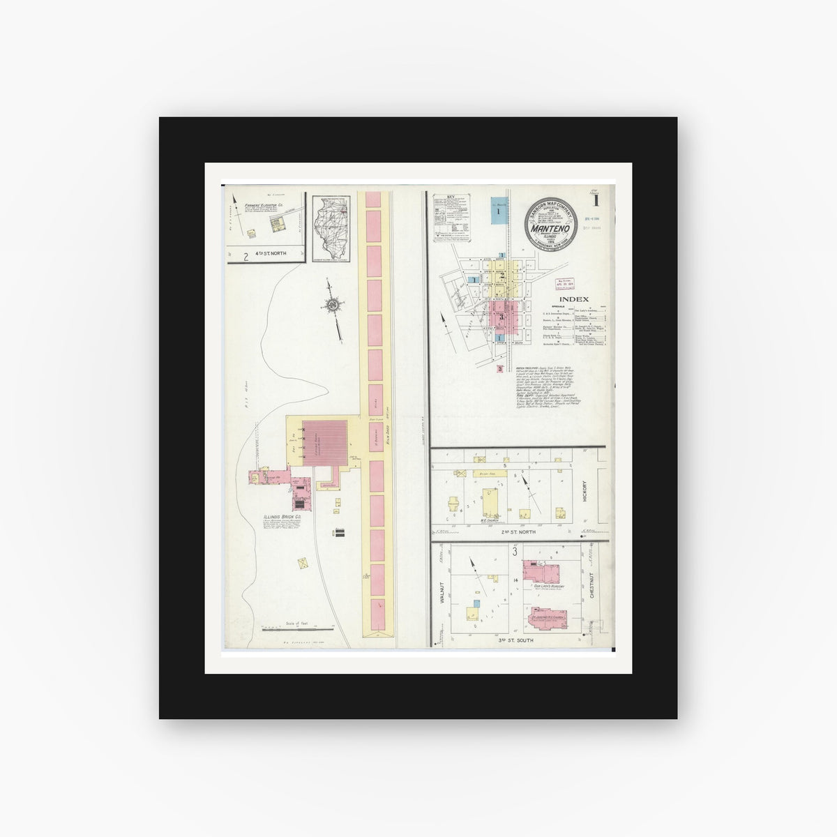 Old map wall art mockup — black gallery frame with white mat — Sanborn Fire Insurance Map from Manteno, Kankakee County, Illinois (1914), Sheet #0001