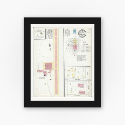 Old map wall art mockup — black gallery frame with white mat — Sanborn Fire Insurance Map from Manteno, Kankakee County, Illinois (1914), Sheet #0001
