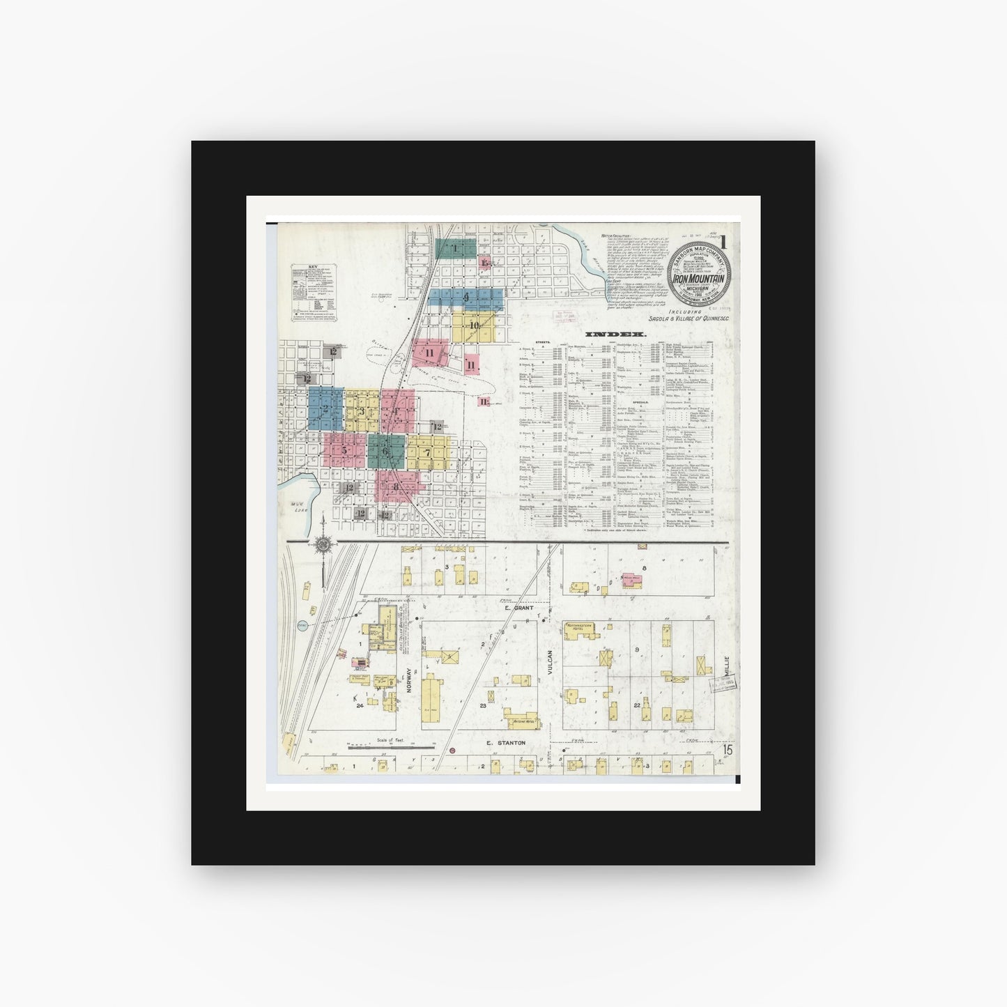 Old map wall art mockup — black gallery frame with white mat — Sanborn Fire Insurance Map from Iron Mountain, Dickinson County, Michigan (1911) - Complete Map Set