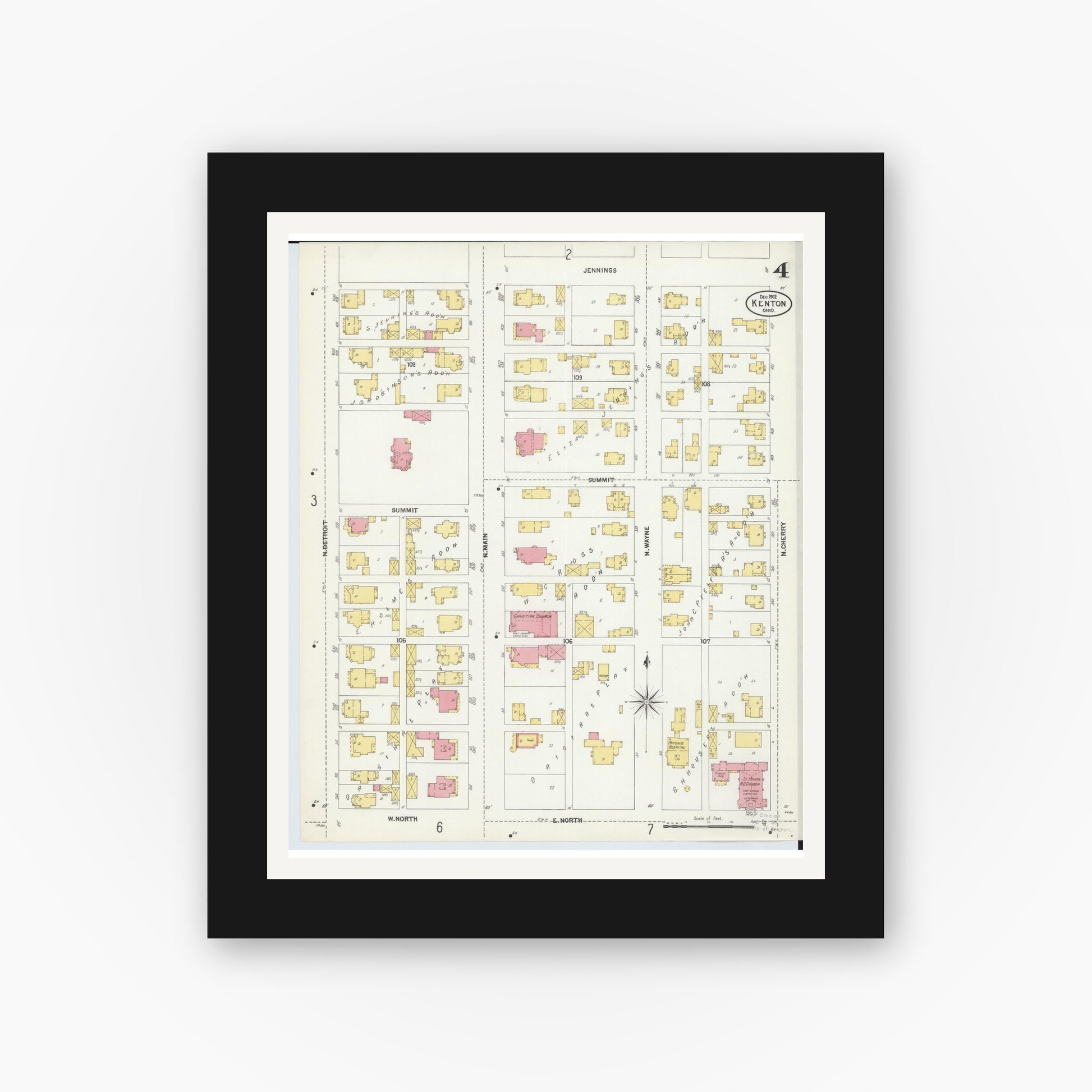 Old map wall art mockup — black gallery frame with white mat — Sanborn Fire Insurance Map from Kenton, Hardin County, Ohio (1902), Sheet #0004