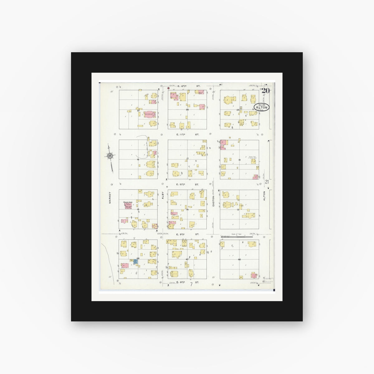 Old map wall art mockup — black gallery frame with white mat — Sanborn Fire Insurance Map from Alton, Madison County, Illinois (1915), Sheet #0020