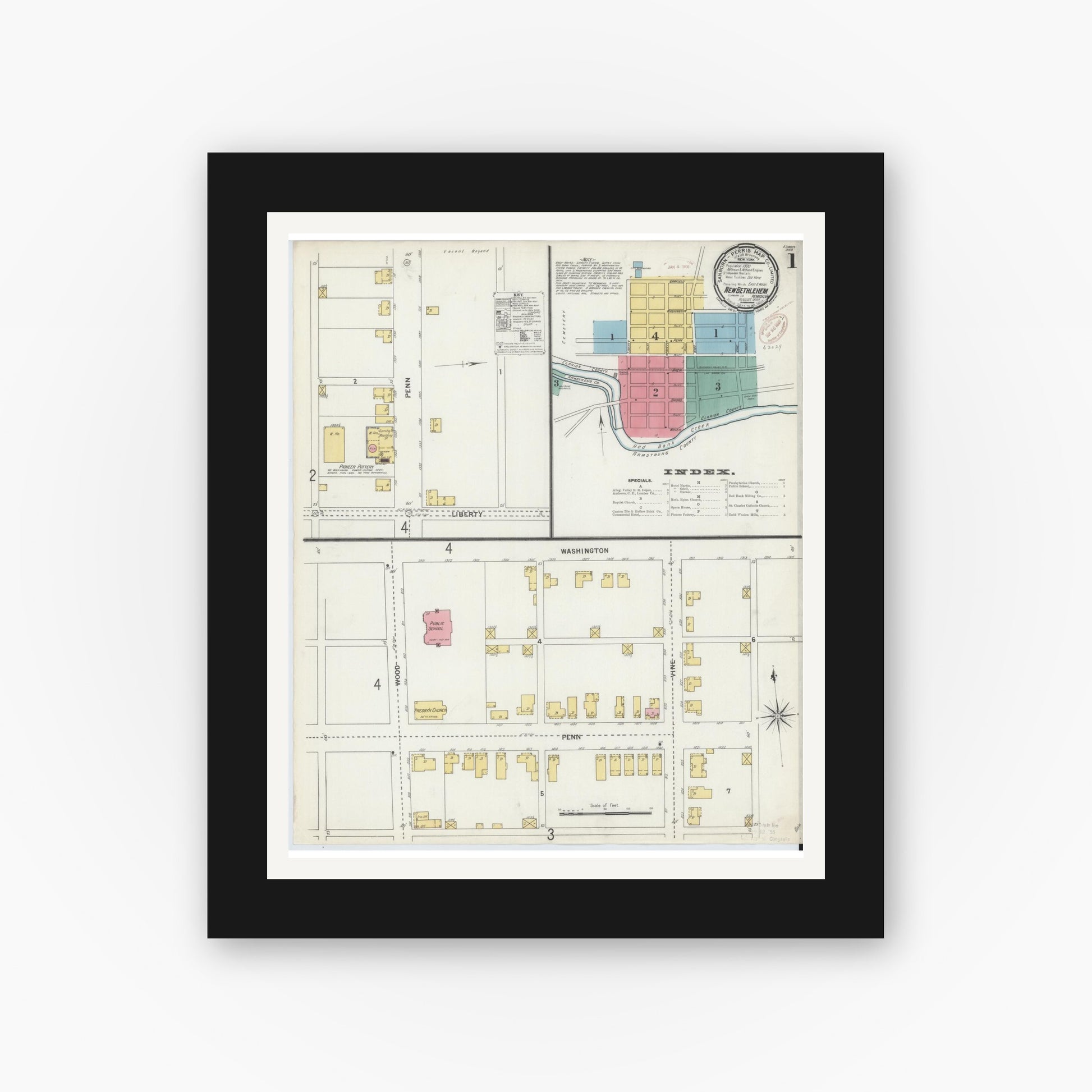 Old map wall art mockup — black gallery frame with white mat — Sanborn Fire Insurance Map from New Bethlehem, Clarion County, Pennsylvania (1899), Sheet #0001