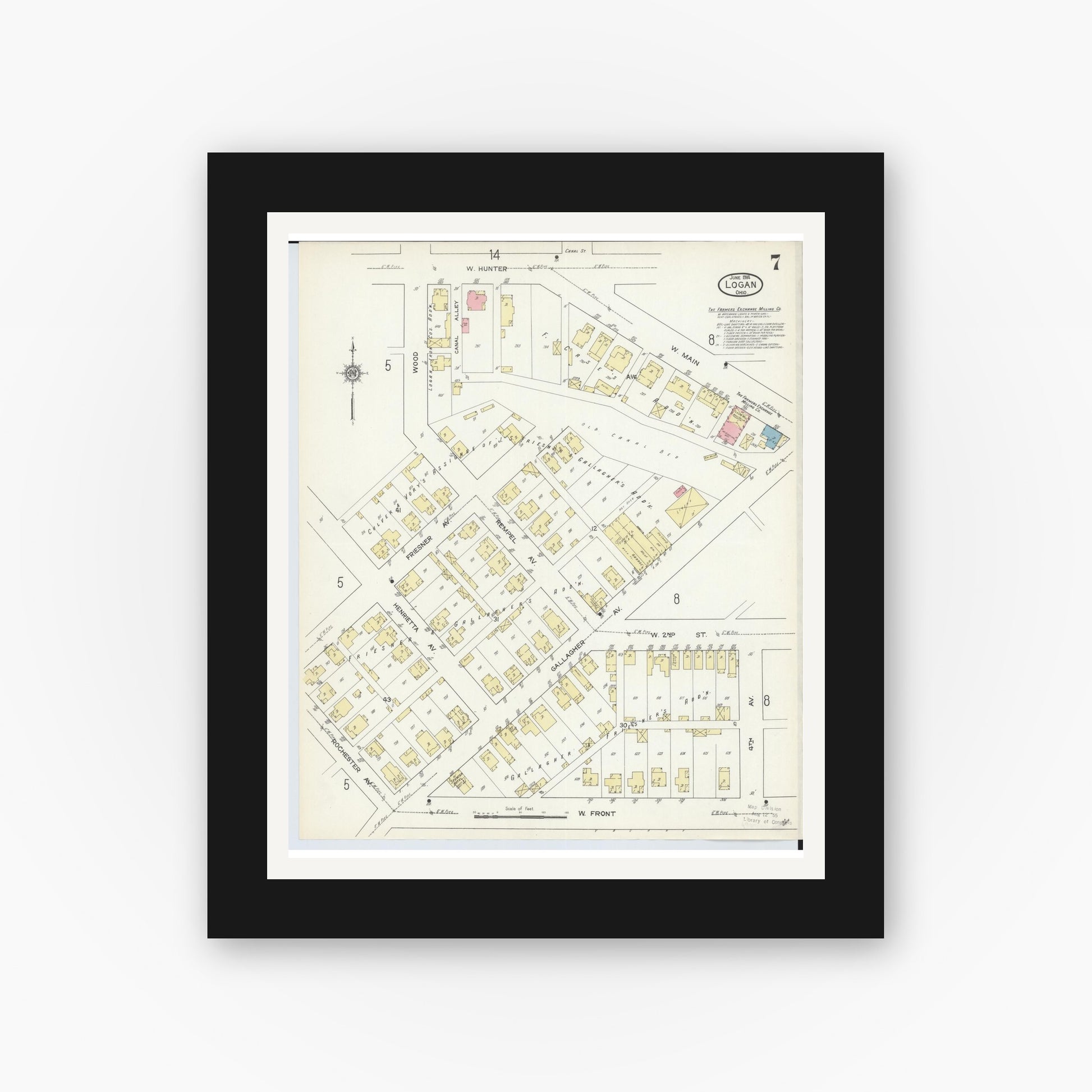 Old map wall art mockup — black gallery frame with white mat — Sanborn Fire Insurance Map from Logan, Hocking County, Ohio (1914), Sheet #0007