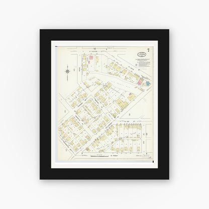 Old map wall art mockup — black gallery frame with white mat — Sanborn Fire Insurance Map from Logan, Hocking County, Ohio (1914), Sheet #0007