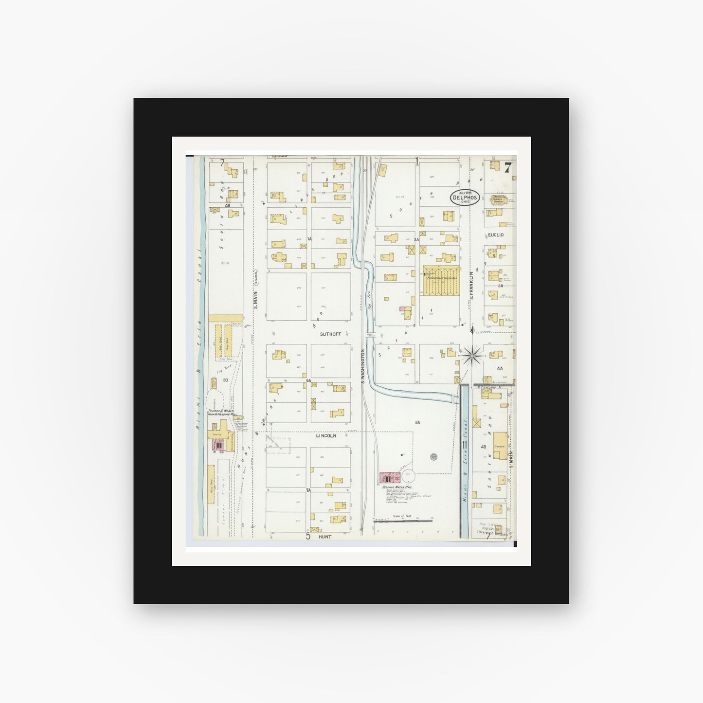 Old map wall art mockup — black gallery frame with white mat — Sanborn Fire Insurance Map from Delphos, Van Wert And Allen Counties, Ohio (1899), Sheet #0007