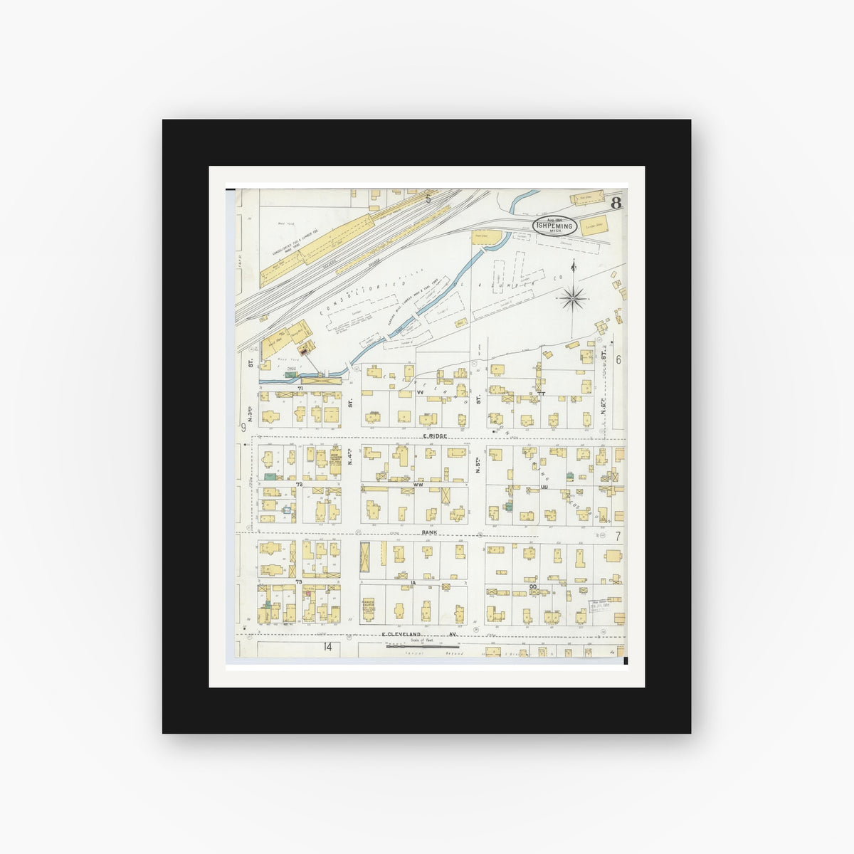 Old map wall art mockup — black gallery frame with white mat — Sanborn Fire Insurance Map from Ishpeming, Marquette County, Michigan (1904), Sheet #0008