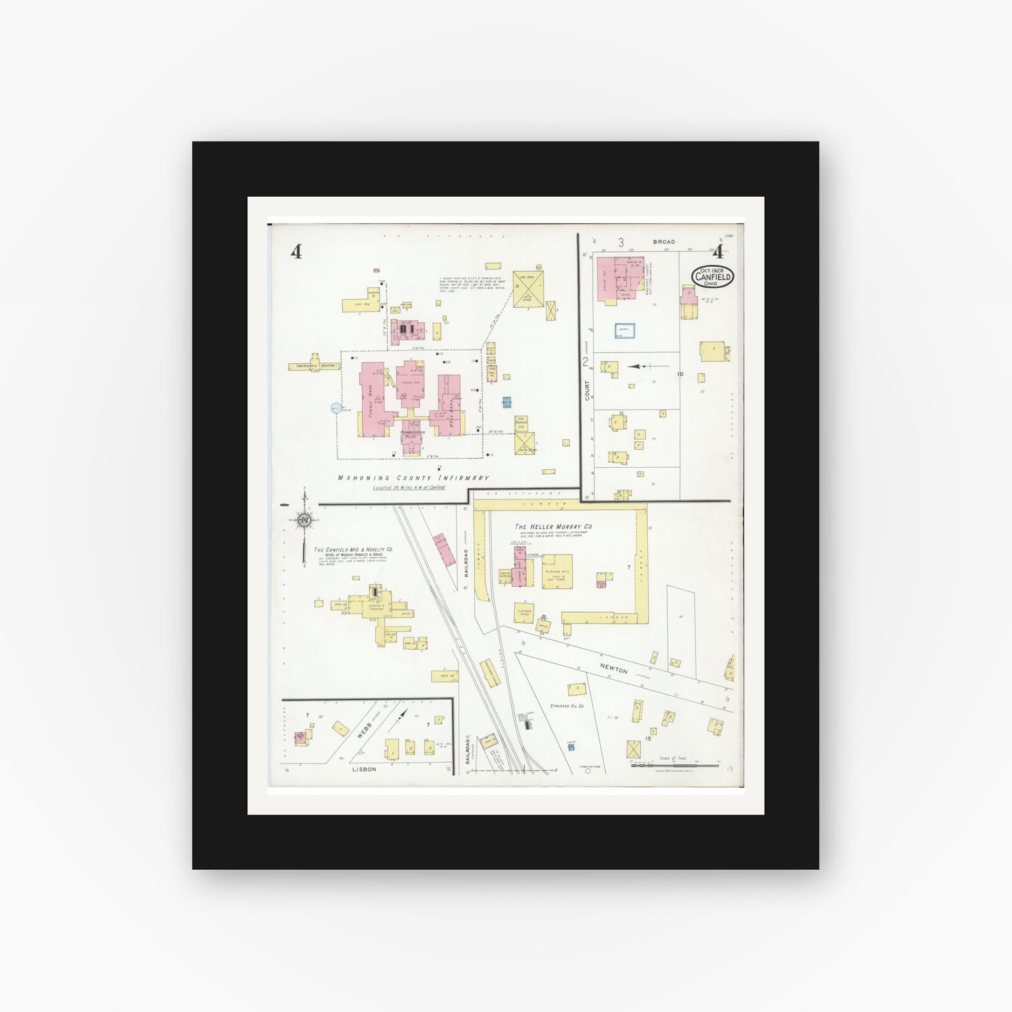 Old map wall art mockup — black gallery frame with white mat — Sanborn Fire Insurance Map from Canfield, Mahoning County, Ohio (1928), Sheet #0004