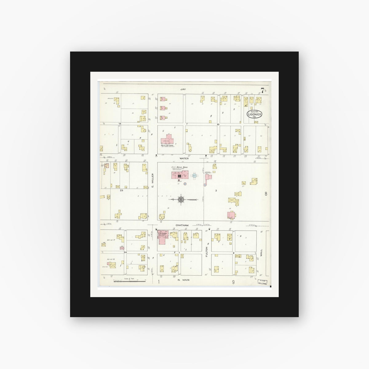 Old map wall art mockup — black gallery frame with white mat — Sanborn Fire Insurance Map from Ligonier, Noble County, Indiana (1914), Sheet #0007