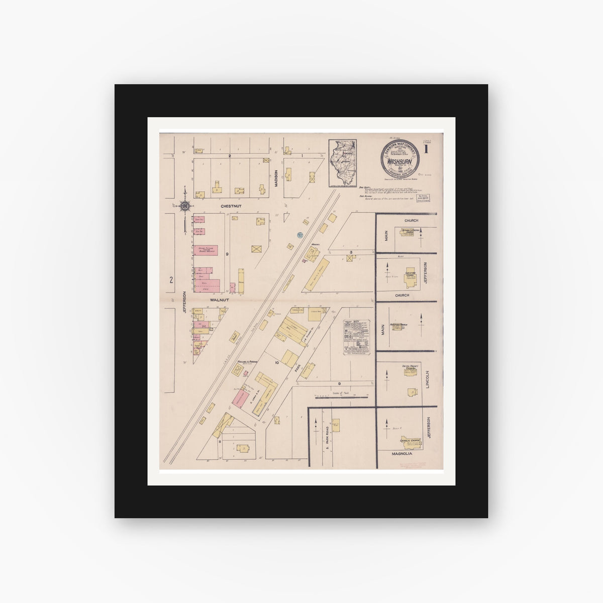 Old map wall art mockup — black gallery frame with white mat — Sanborn Fire Insurance Map from Washburn, Woodford County, Illinois (1922), Sheet #0001