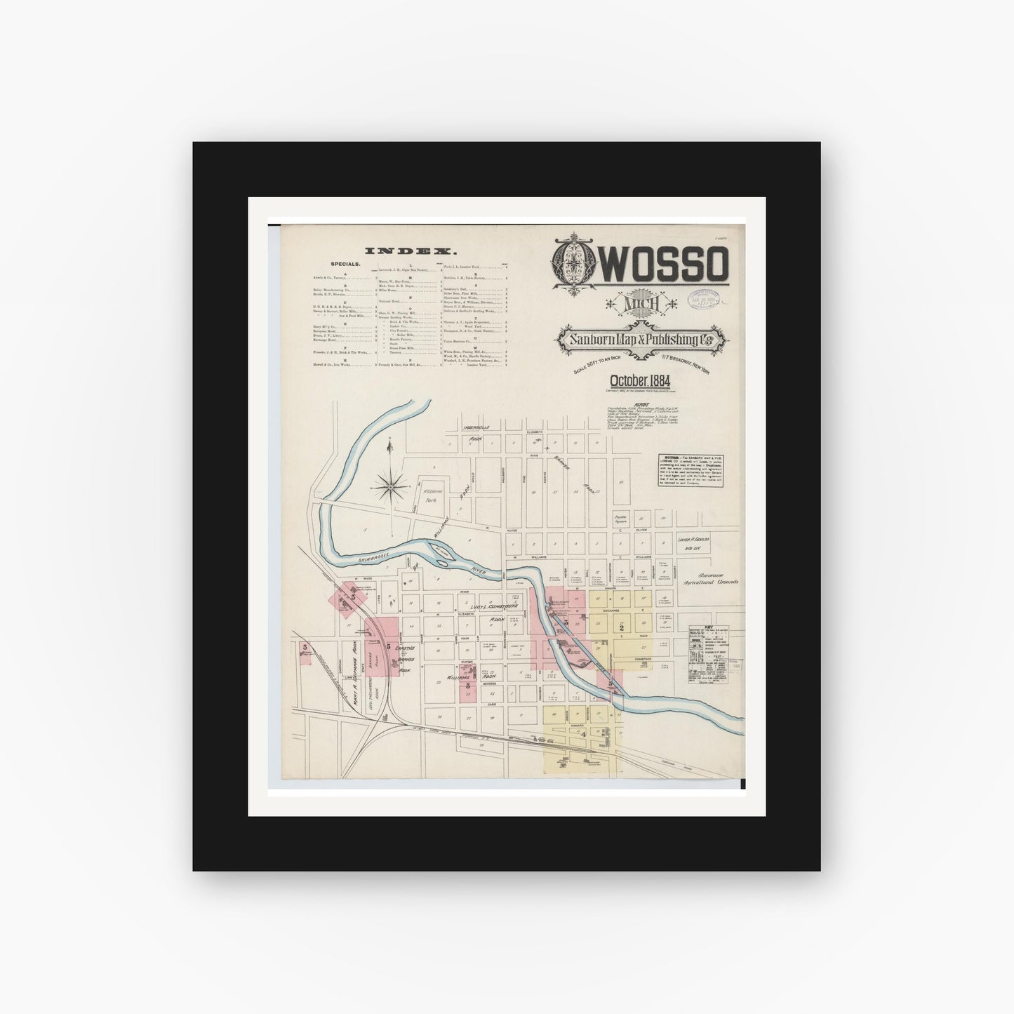 Old map wall art mockup — black gallery frame with white mat — Sanborn Fire Insurance Map from Owosso, Shiawassee County, Michigan (1884) - Complete Map Set