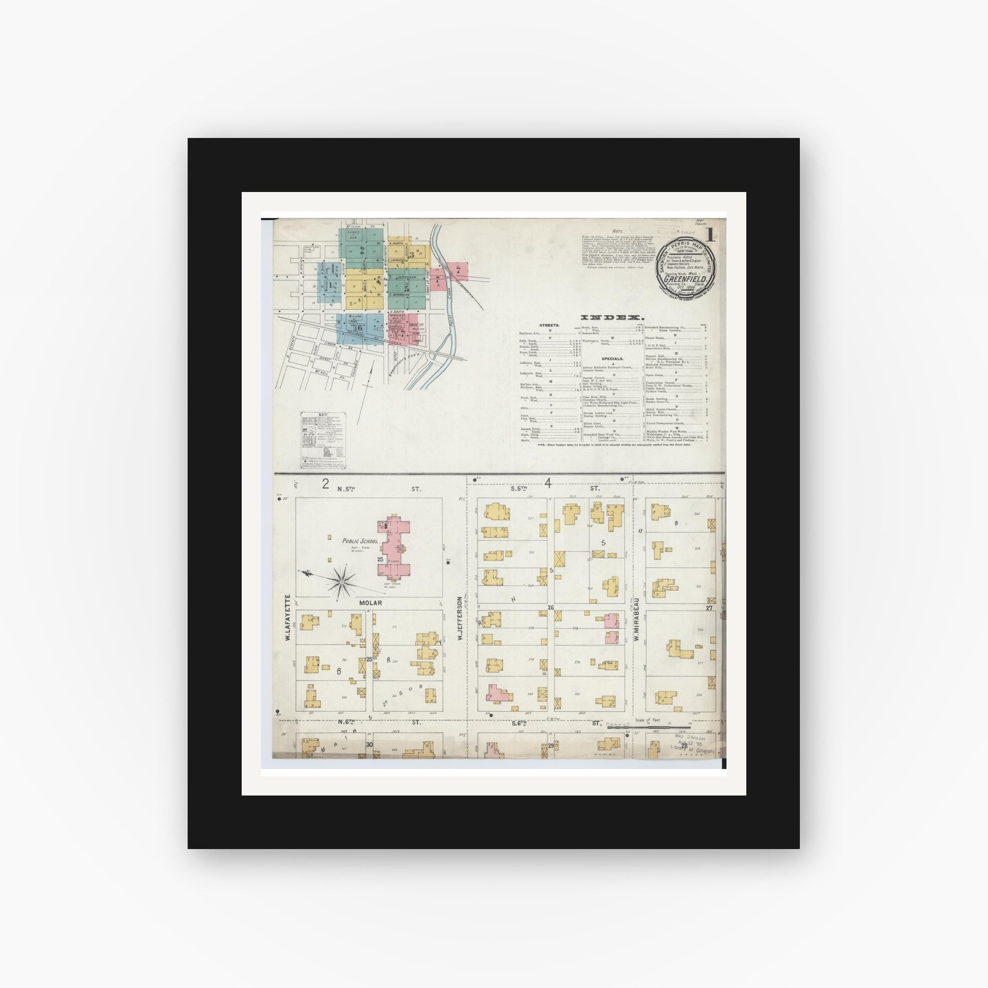 Old map wall art mockup — black gallery frame with white mat — Sanborn Fire Insurance Map from Greenfield, Highland County, Ohio (1899) - Complete Map Set