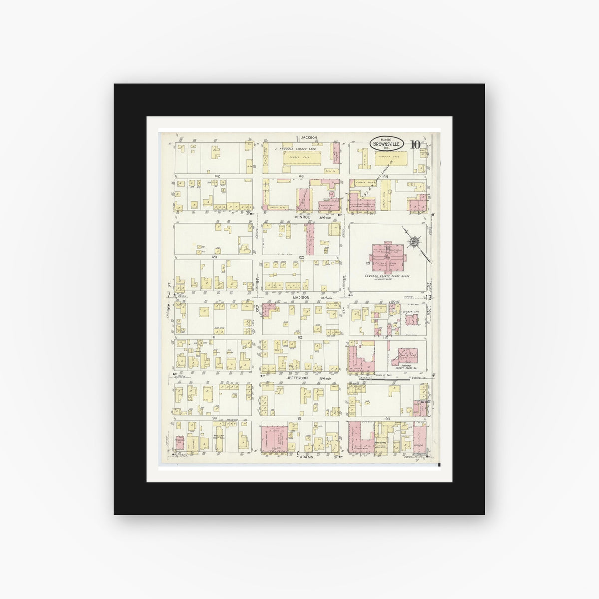Old map wall art mockup — black gallery frame with white mat — Sanborn Fire Insurance Map from Brownsville, Cameron County, Texas (1914), Sheet #0010