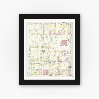 Old map wall art mockup — black gallery frame with white mat — Sanborn Fire Insurance Map from Brownsville, Cameron County, Texas (1914), Sheet #0010
