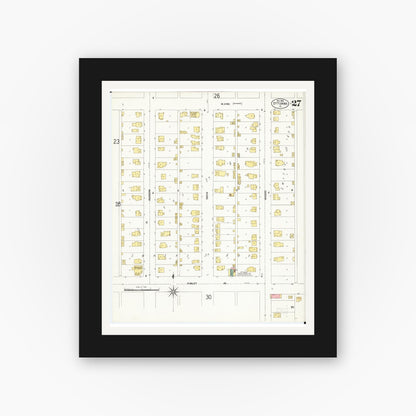 Old map wall art mockup — black gallery frame with white mat — Sanborn Fire Insurance Map from Ottumwa, Wapello County, Iowa (1902), Sheet #0027