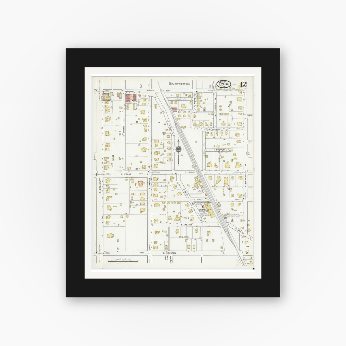 Old map wall art mockup — black gallery frame with white mat — Sanborn Fire Insurance Map from Tyler, Smith County, Texas (1919), Sheet #0012