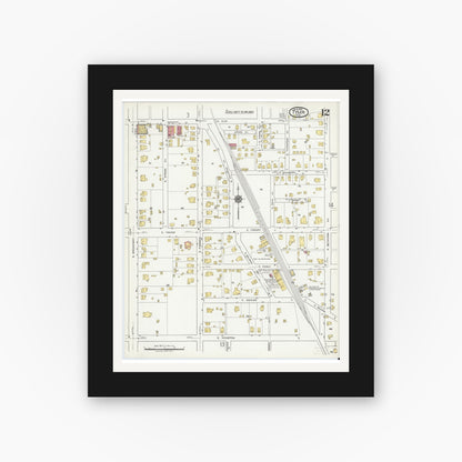 Old map wall art mockup — black gallery frame with white mat — Sanborn Fire Insurance Map from Tyler, Smith County, Texas (1919), Sheet #0012