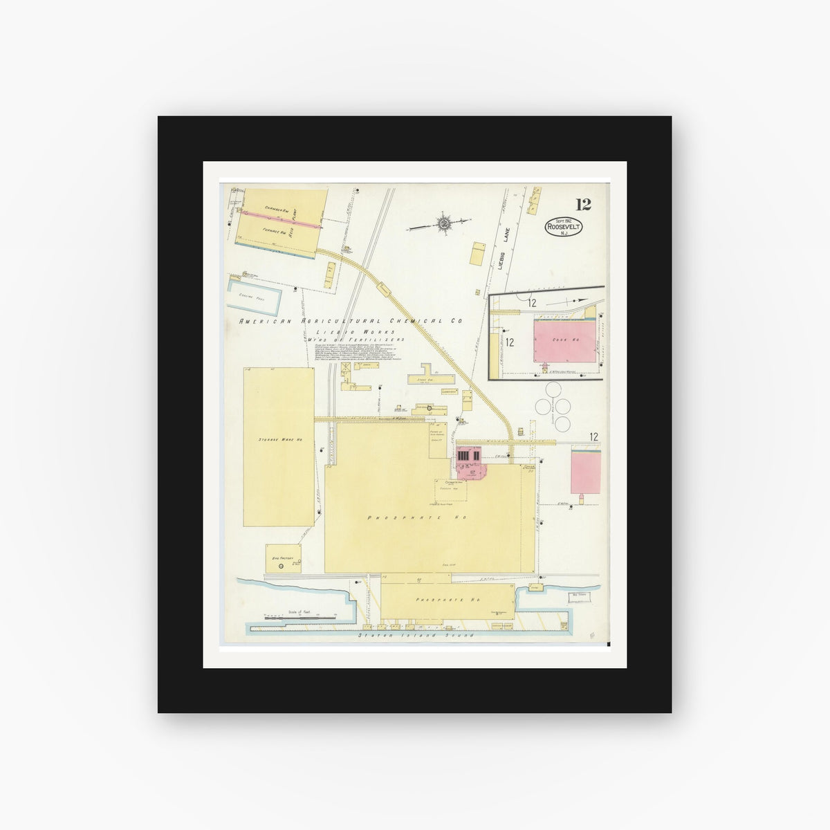 Old map wall art mockup — black gallery frame with white mat — Sanborn Fire Insurance Map from Roosevelt, Middlesex County, New Jersey (1912), Sheet #0012