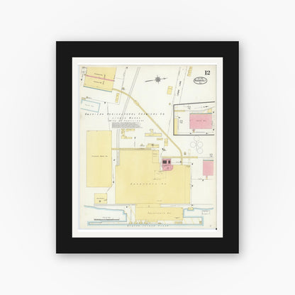 Old map wall art mockup — black gallery frame with white mat — Sanborn Fire Insurance Map from Roosevelt, Middlesex County, New Jersey (1912), Sheet #0012