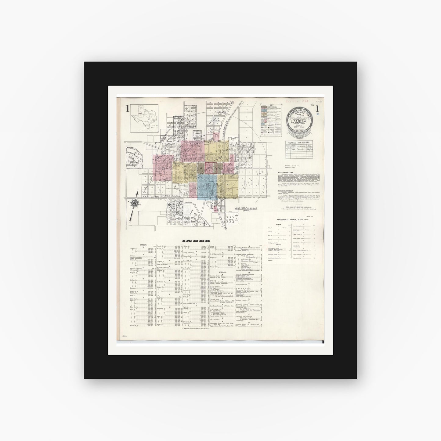 Old map wall art mockup — black gallery frame with white mat — Sanborn Fire Insurance Map from Lamesa, Dawson County, Texas (1948) - Complete Map Set