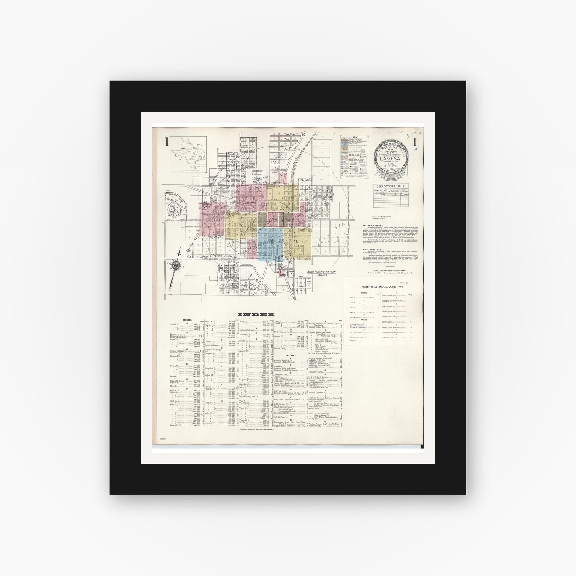 Old map wall art mockup — black gallery frame with white mat — Sanborn Fire Insurance Map from Lamesa, Dawson County, Texas (1948) - Complete Map Set