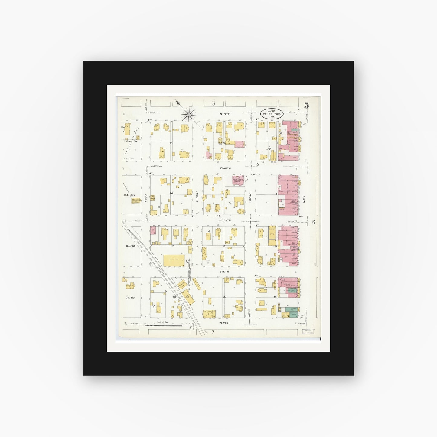 Old map wall art mockup — black gallery frame with white mat — Sanborn Fire Insurance Map from Petersburg, Pike County, Indiana (1907), Sheet #0005