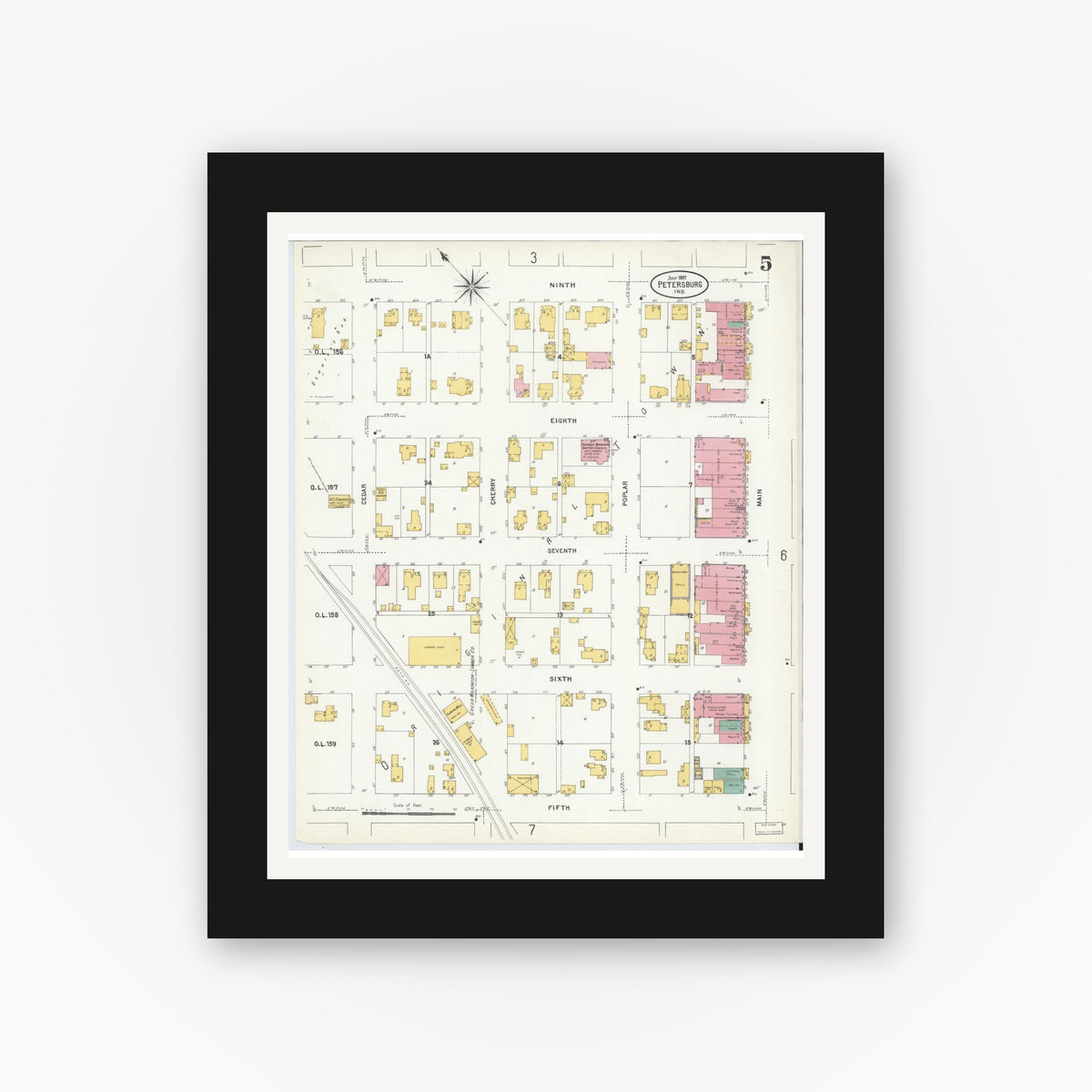 Old map wall art mockup — black gallery frame with white mat — Sanborn Fire Insurance Map from Petersburg, Pike County, Indiana (1907), Sheet #0005