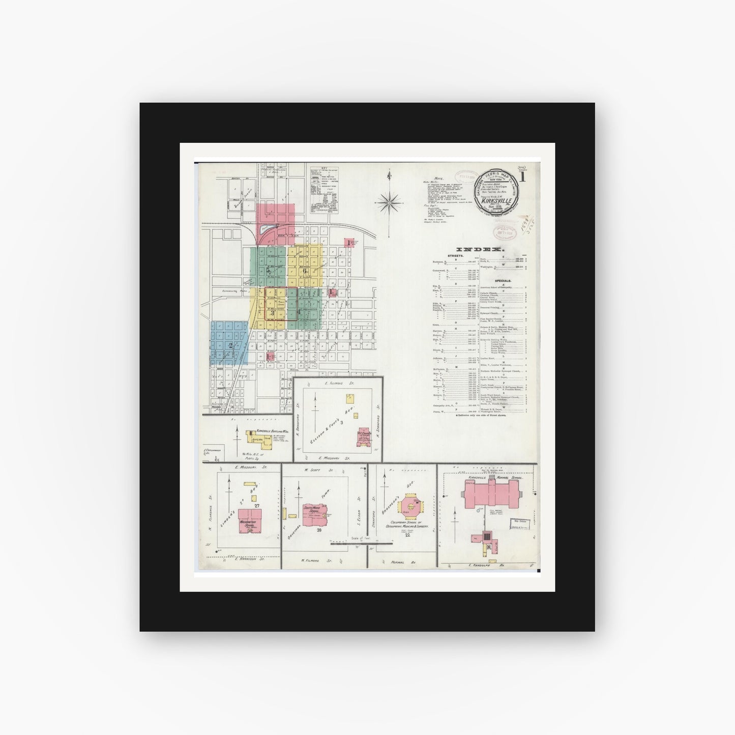 Old map wall art mockup — black gallery frame with white mat — Sanborn Fire Insurance Map from Kirksville, Adair County, Missouri (1898), Sheet #0001