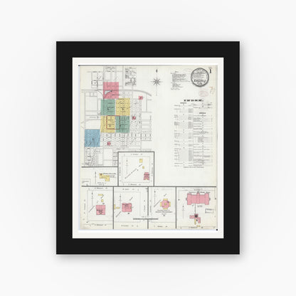 Old map wall art mockup — black gallery frame with white mat — Sanborn Fire Insurance Map from Kirksville, Adair County, Missouri (1898), Sheet #0001