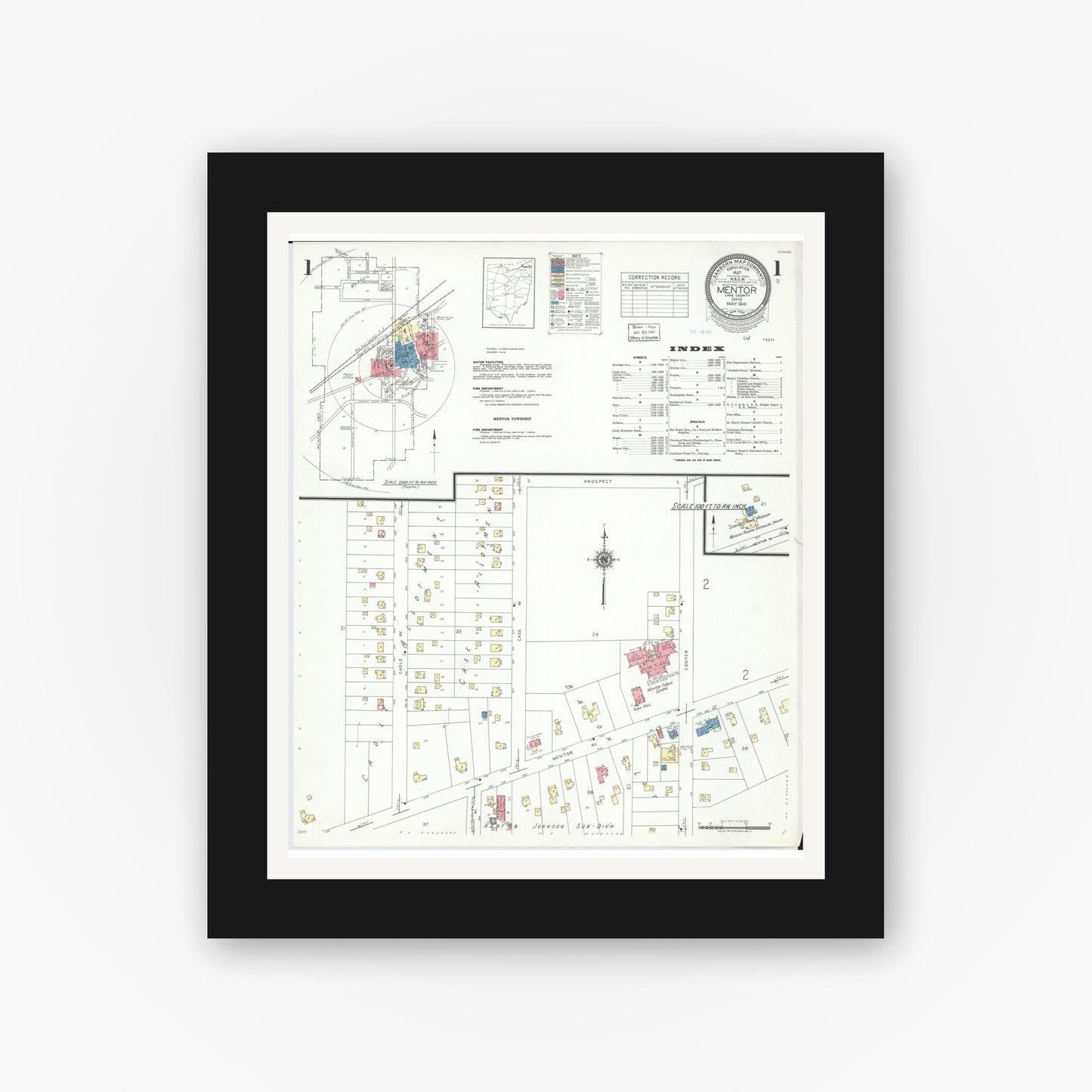 Old map wall art mockup — black gallery frame with white mat — Sanborn Fire Insurance Map from Mentor, Lake County, Ohio (1941) - Complete Map Set