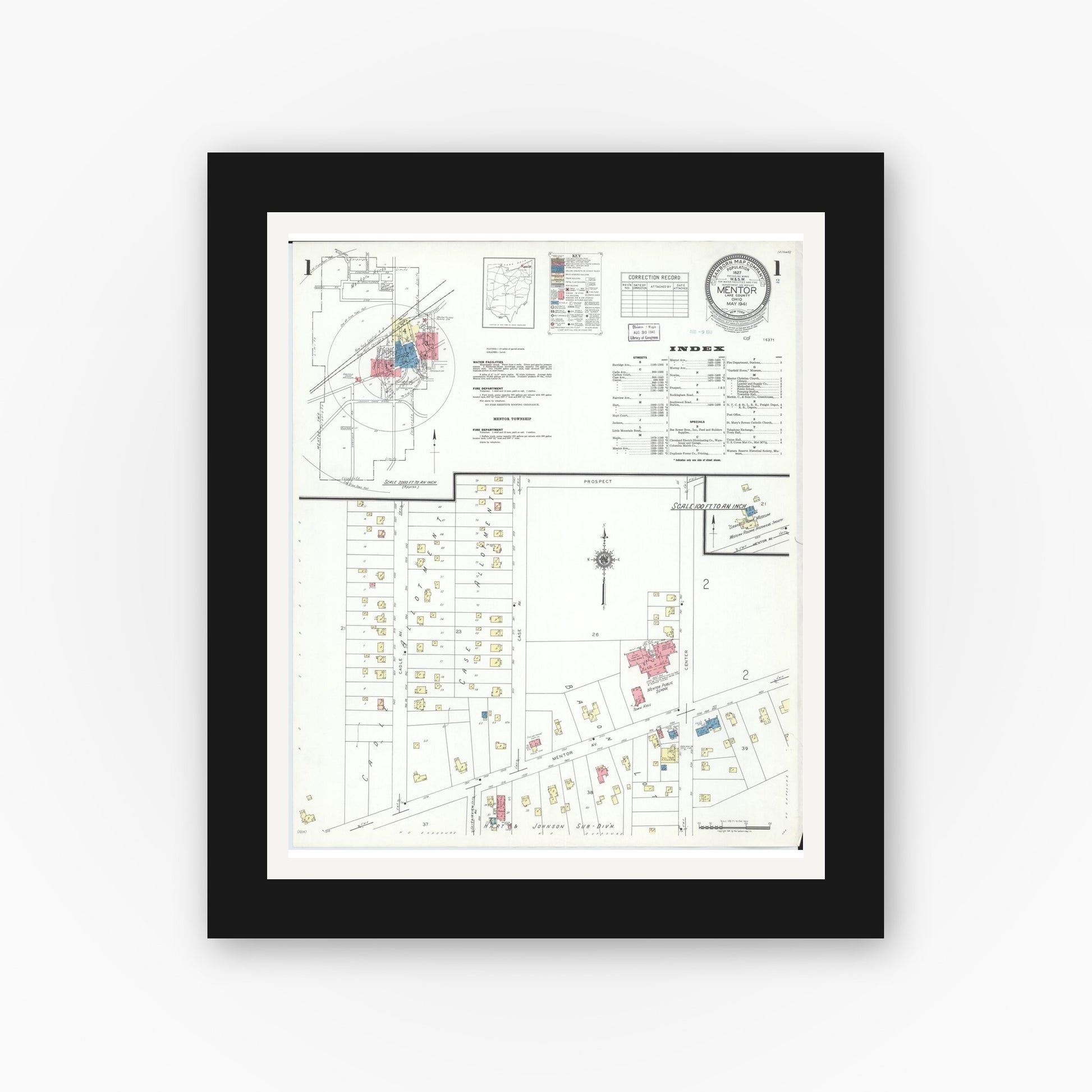 Old map wall art mockup — black gallery frame with white mat — Sanborn Fire Insurance Map from Mentor, Lake County, Ohio (1941) - Complete Map Set