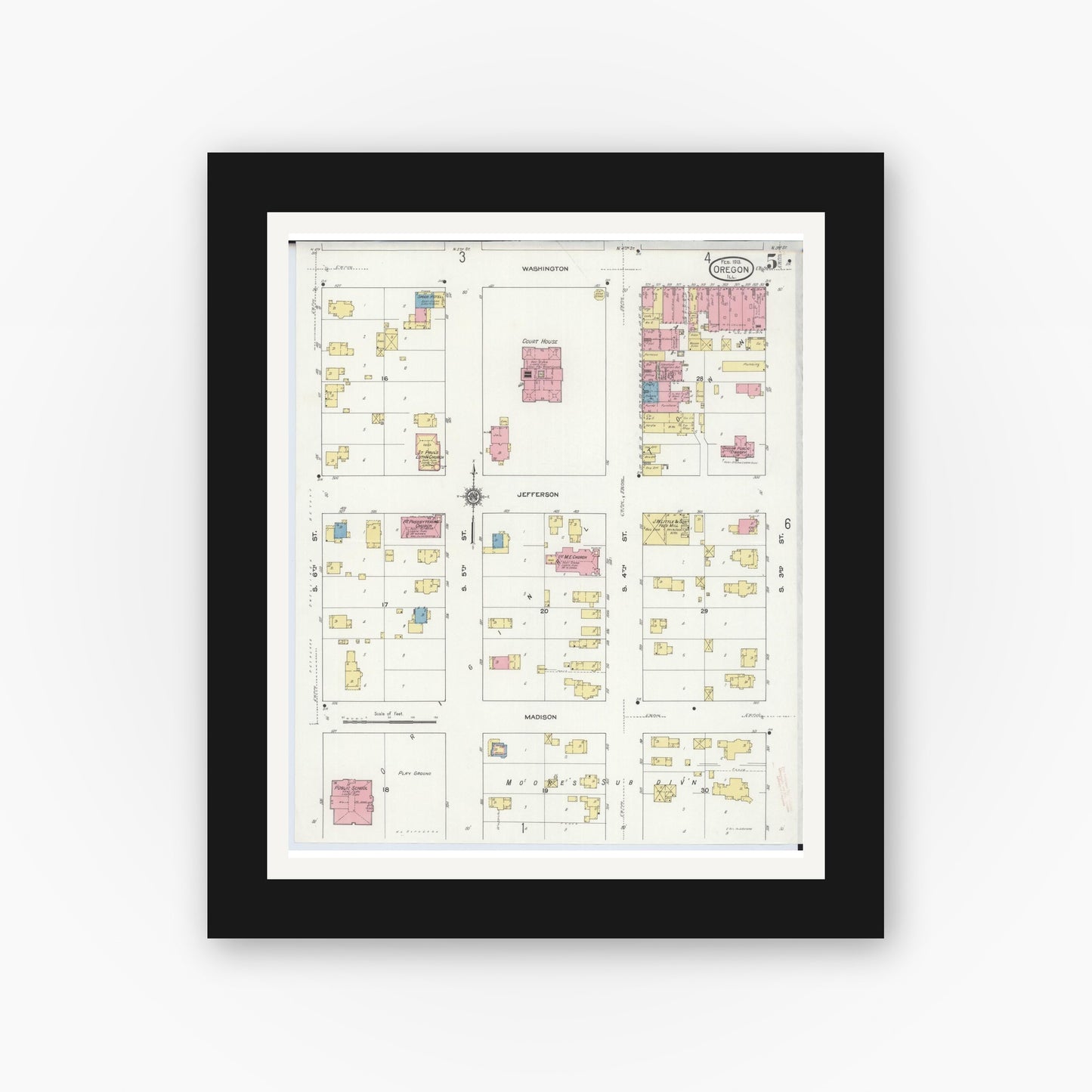 Old map wall art mockup — black gallery frame with white mat — Sanborn Fire Insurance Map from Oregon, Ogle County, Illinois (1913), Sheet #0005