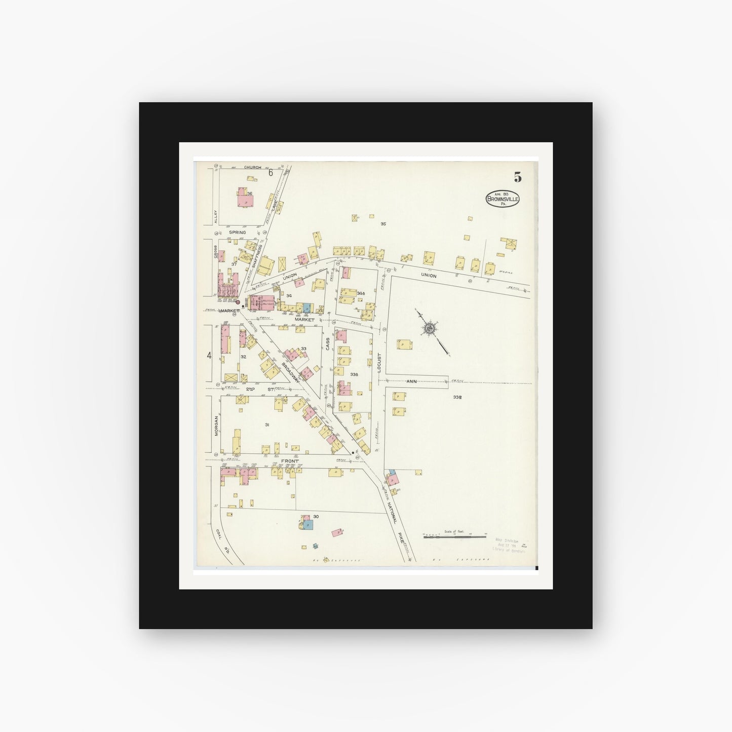 Old map wall art mockup — black gallery frame with white mat — Sanborn Fire Insurance Map from Brownsville, Fayette County, Pennsylvania (1913), Sheet #0005
