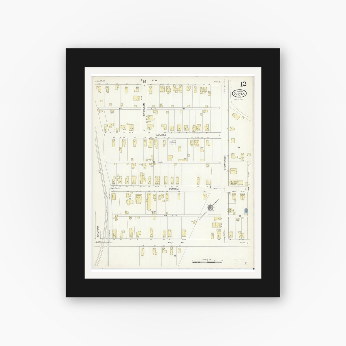 Old map wall art mockup — black gallery frame with white mat — Sanborn Fire Insurance Map from Duryea, Luzerne County, Pennsylvania (1914), Sheet #0012