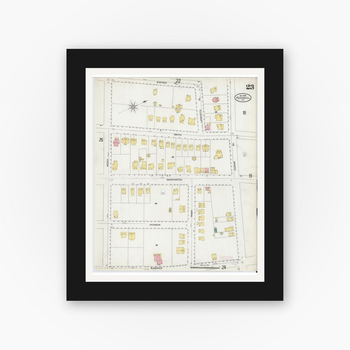 Old map wall art mockup — black gallery frame with white mat — Sanborn Fire Insurance Map from Peekskill, Westchester County, New York (1905), Sheet #0023
