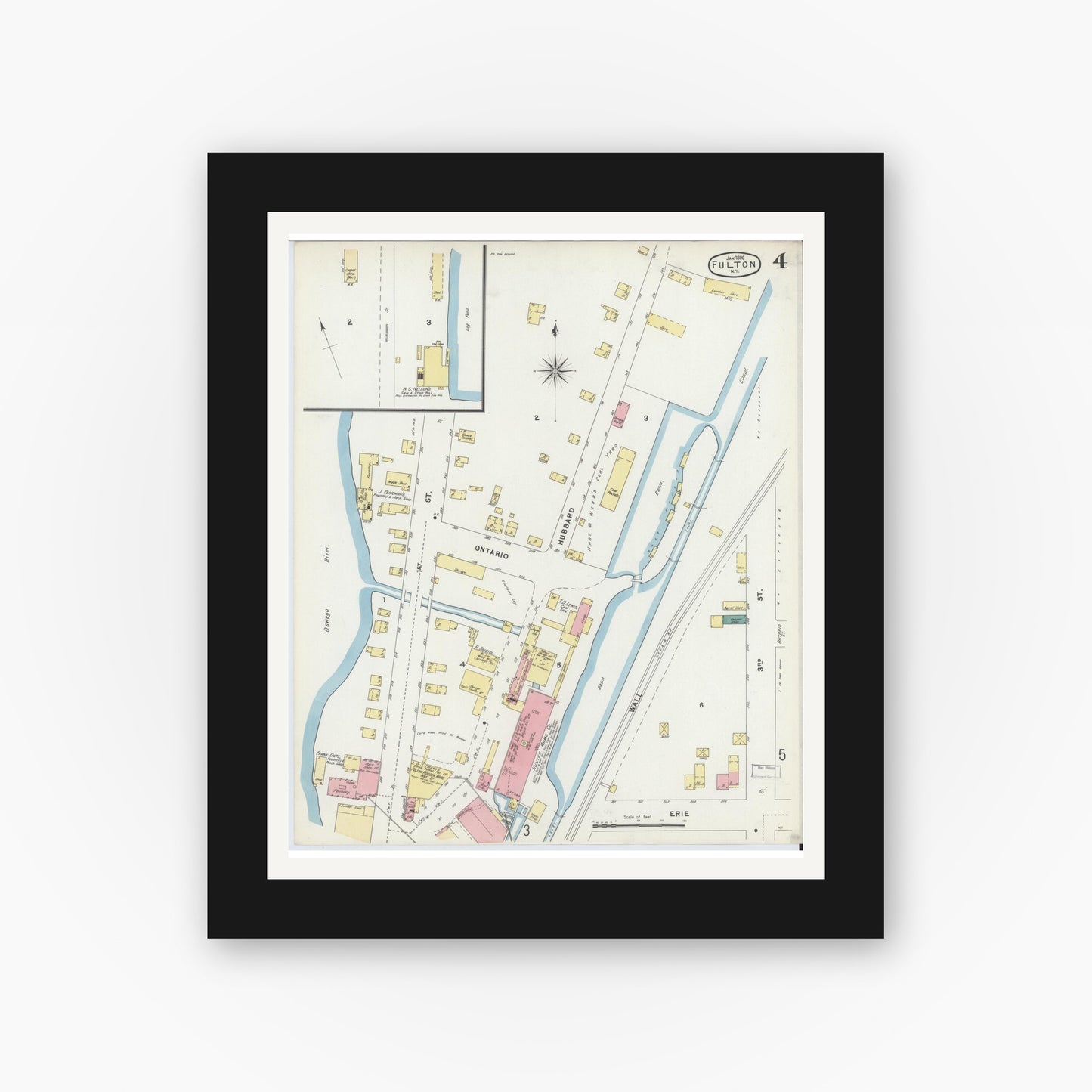 Old map wall art mockup — black gallery frame with white mat — Sanborn Fire Insurance Map from Fulton, Oswego County, New York (1896), Sheet #0004