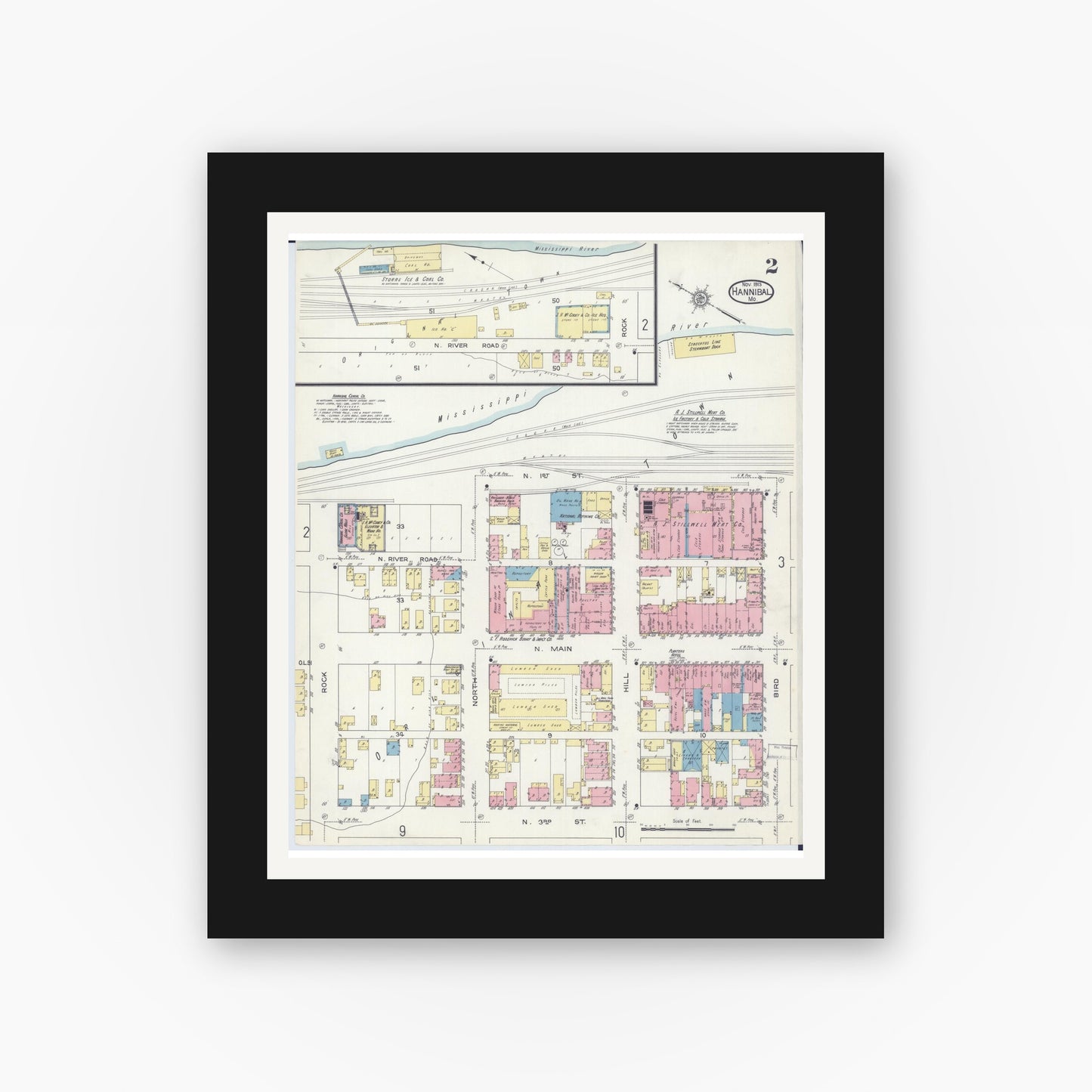 Old map wall art mockup — black gallery frame with white mat — Sanborn Fire Insurance Map from Hannibal, Marion County, Missouri (1913), Sheet #0002