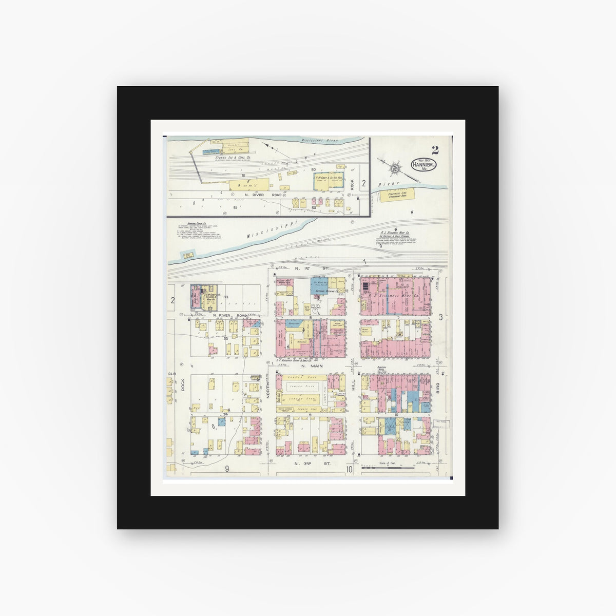 Old map wall art mockup — black gallery frame with white mat — Sanborn Fire Insurance Map from Hannibal, Marion County, Missouri (1913), Sheet #0002