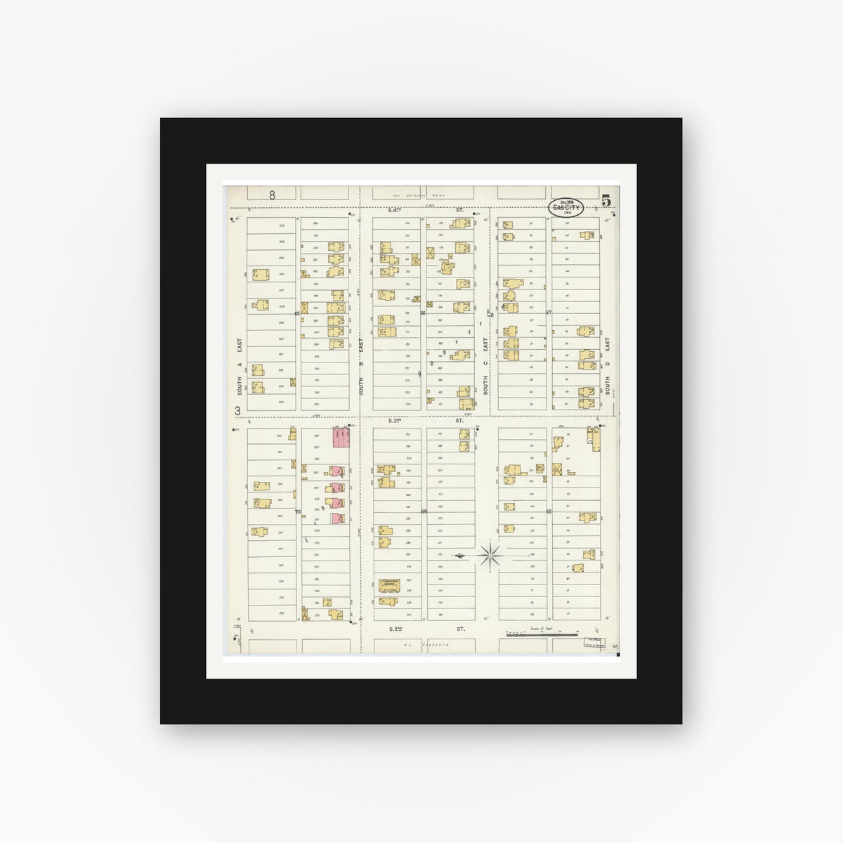 Old map wall art mockup — black gallery frame with white mat — Sanborn Fire Insurance Map from Gas City, Grant County, Indiana (1898), Sheet #0005