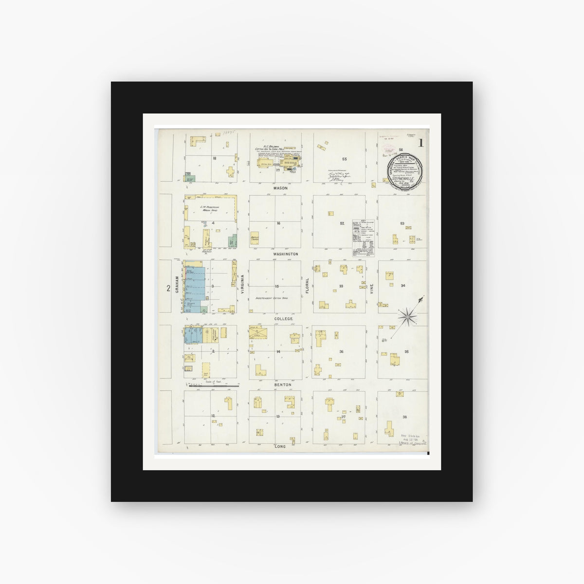 Old map wall art mockup — black gallery frame with white mat — Sanborn Fire Insurance Map from Stephenville, Erath County, Texas (1896) - Complete Map Set