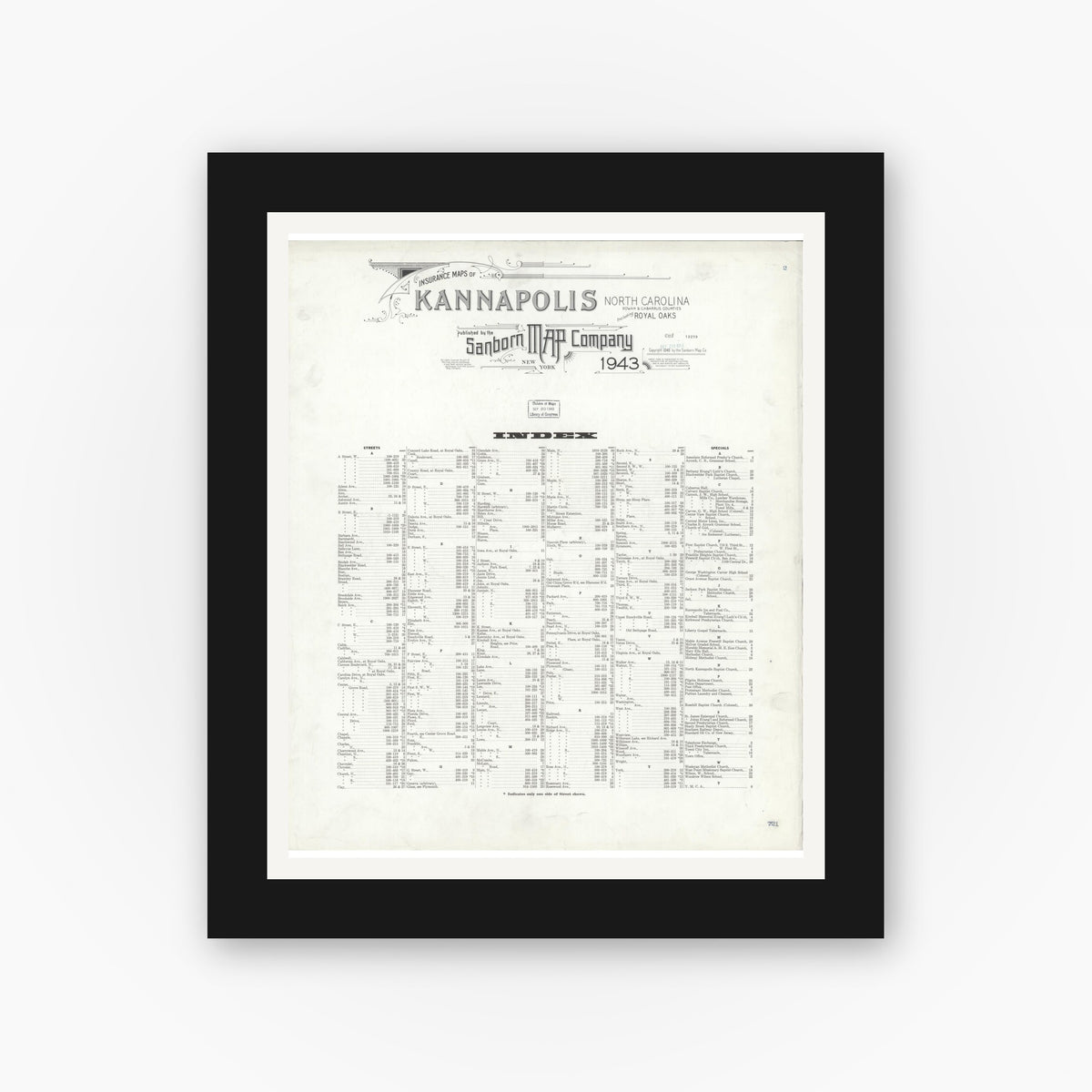 Old map wall art mockup — black gallery frame with white mat — Sanborn Fire Insurance Map from Kannapolis, Rowan And Cabarrus Counties, North Carolina (1943), Sheet #0001