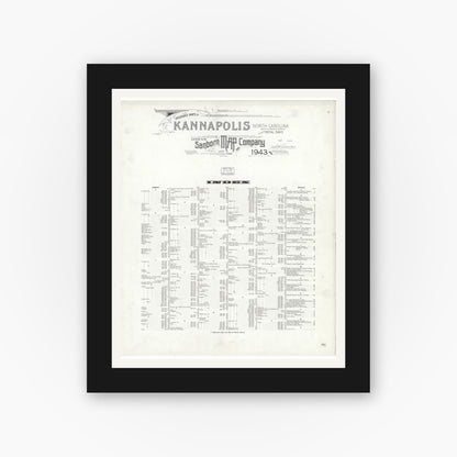 Old map wall art mockup — black gallery frame with white mat — Sanborn Fire Insurance Map from Kannapolis, Rowan And Cabarrus Counties, North Carolina (1943), Sheet #0001